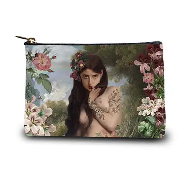 Voglio Bene small designer coin purse featuring a nude maiden in the style of a Pre-Raphaelite painting with a tattooed arm and surrounded flowers