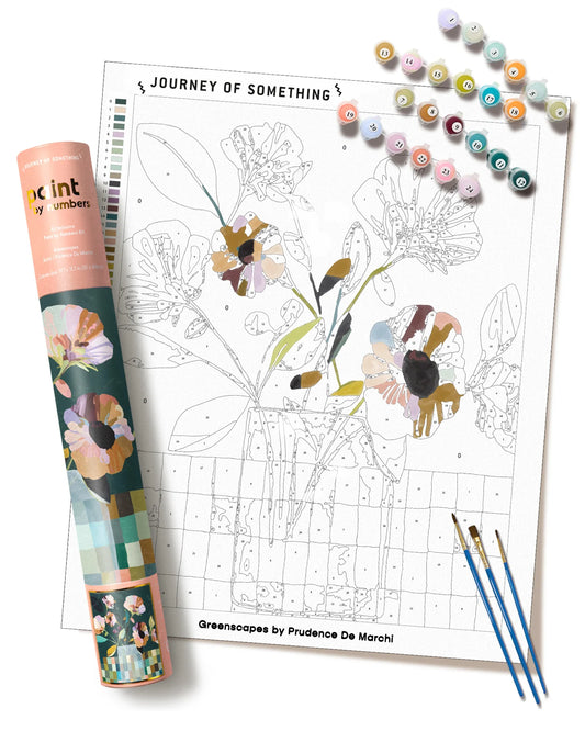 Coloring paint by numbers kit with floral design, paint roller, and brushes on a white background