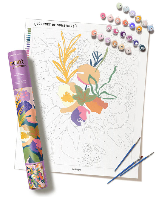 Journey of Something paint by numbers kit with floral design, paints, and brushes on a white background