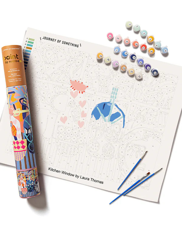Paint by numbers with illustrations, paint markers, and a paint roller on a white background