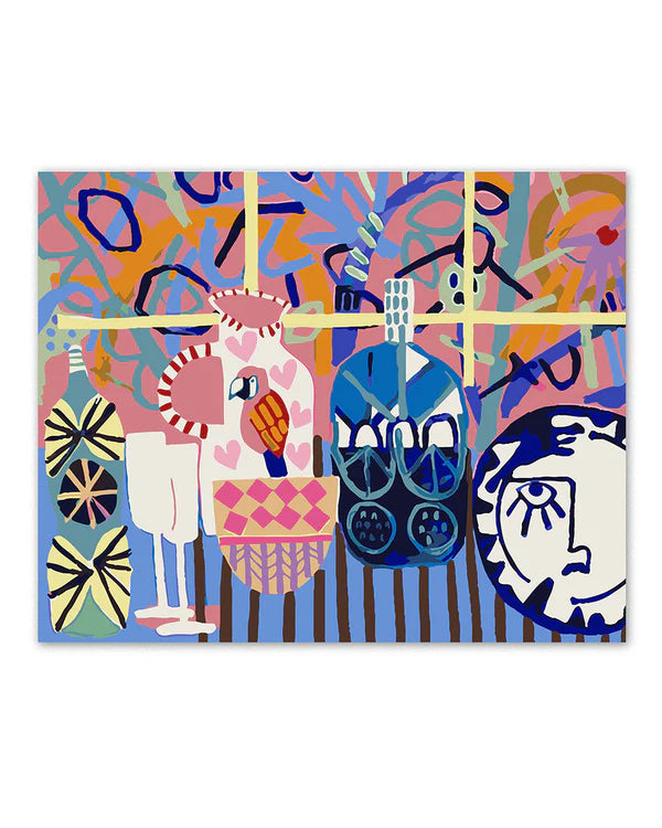 Colorful abstract artwork with geometric shapes and patterns on a white background