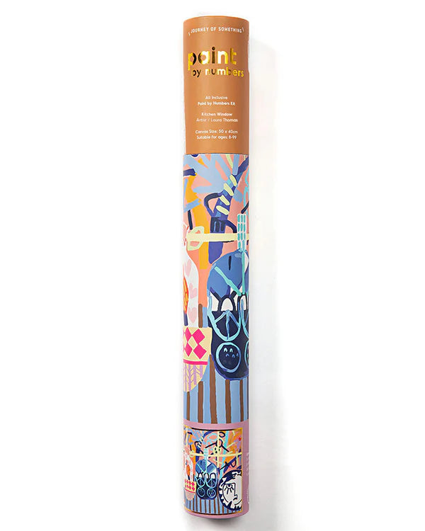 Paint by numbers packaging ,Colorful art supply roll with abstract designs on a white background