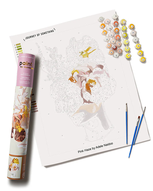 Paint by numbers illustrations, colored paints, and a paintbrush on a white background