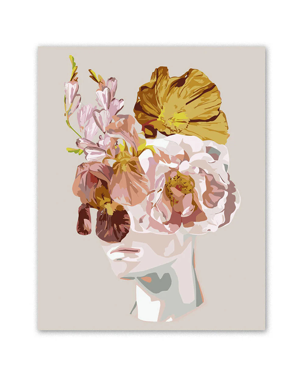 Completed Pink Haze artwork Floral arrangement in a head vase on a beige background