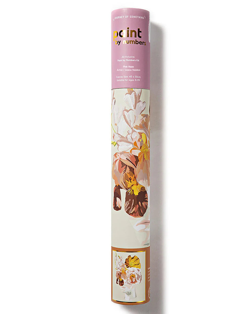 Floral-patterned product packaging with a pink label on a white background