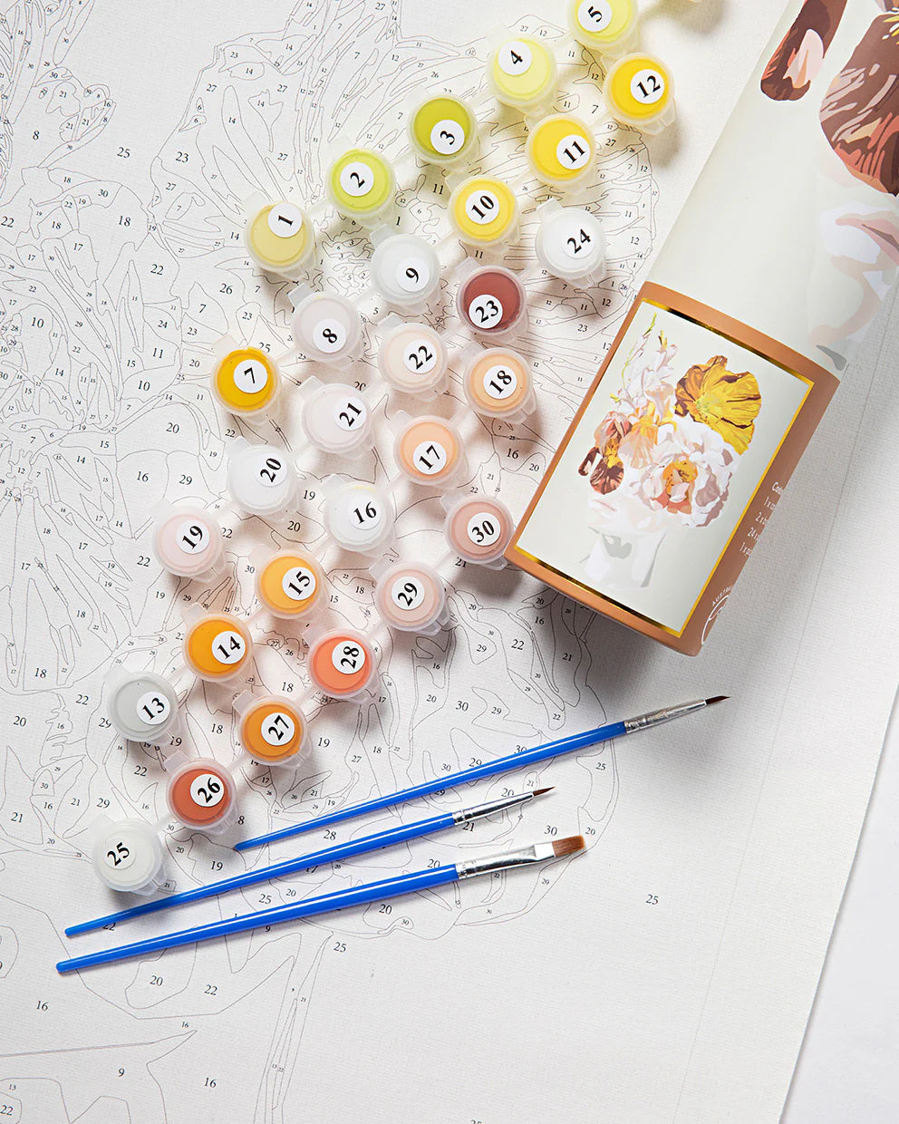 Set of numbered paint balls, brushes, and a box on a white surface with a pattern.