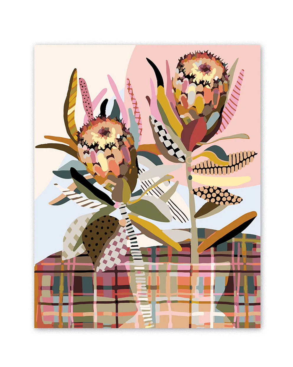 Colorful abstract floral design on a plaid background