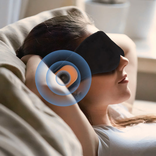 Woman wearing a sleep mask with a close-up of a sound waves overlay.