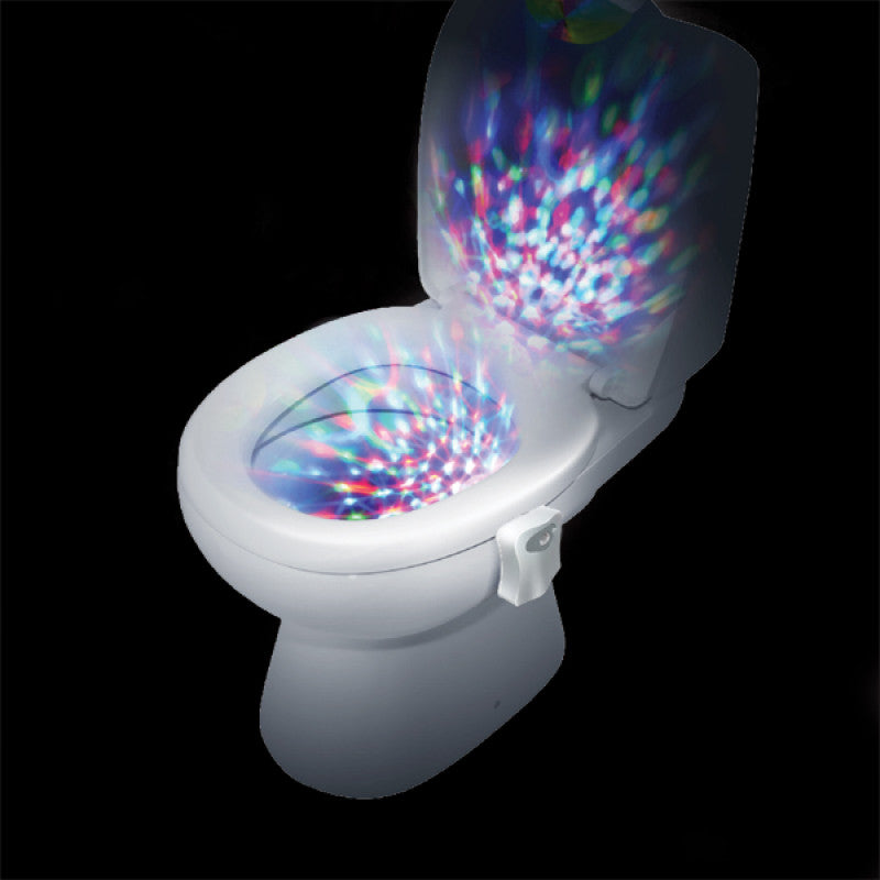 A toilet displaying the novelty product "LED Toilet disco light" on a black background.