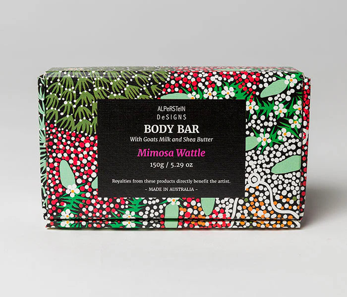 Aboriginal art packaged soap- Scented with Mimosa and wattle 150g giftbox