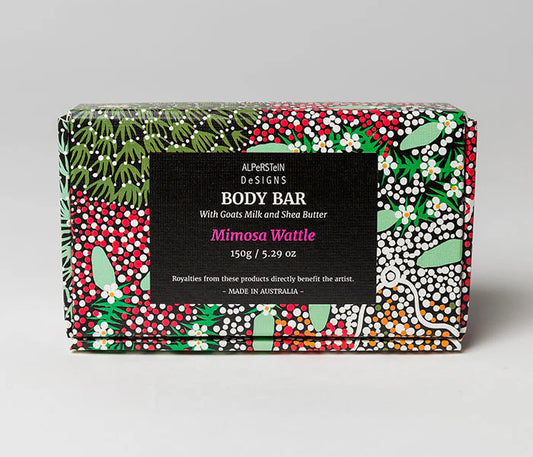 Aboriginal art packaged soap- Scented with Mimosa and wattle 150g giftbox