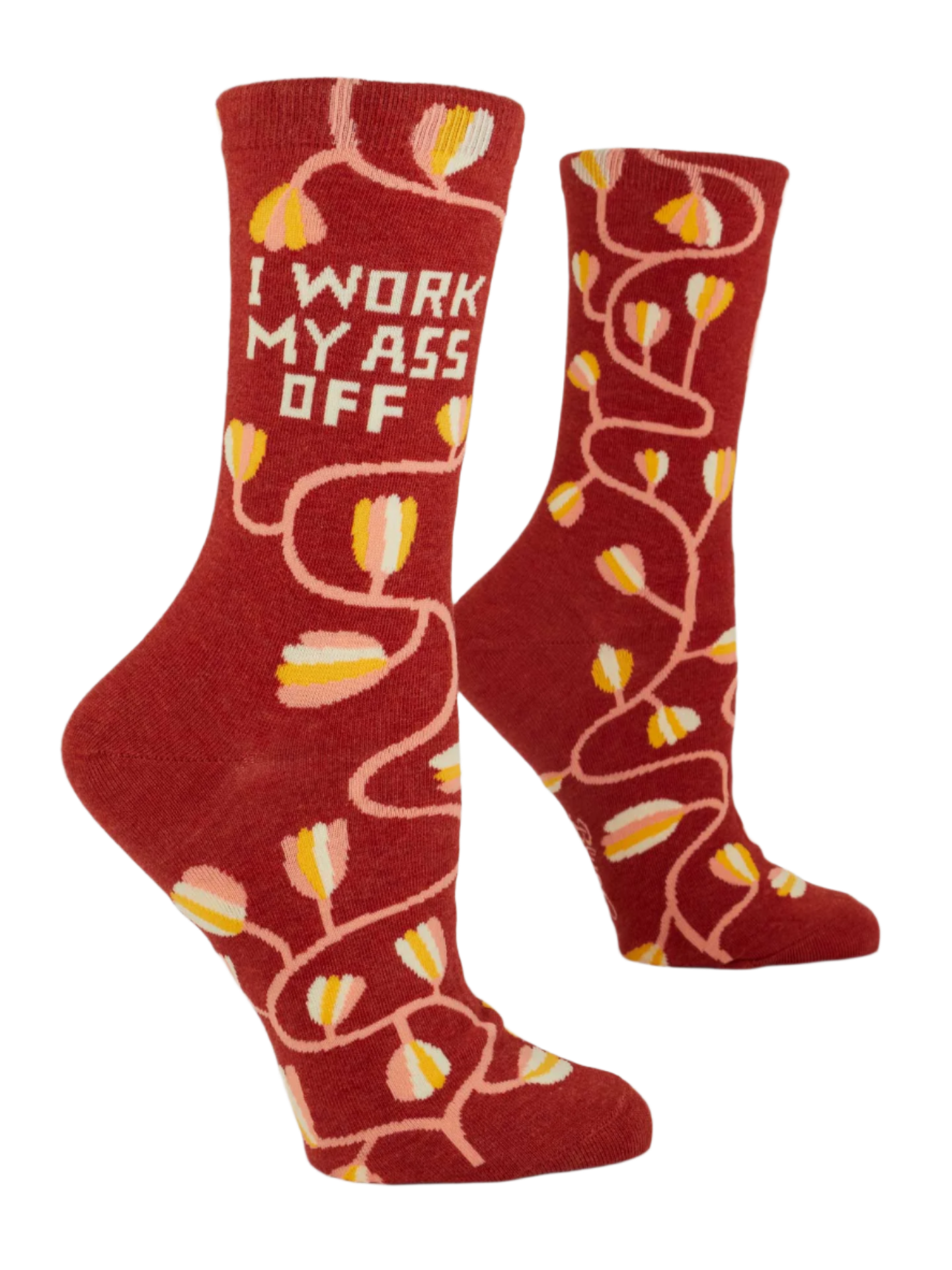 Side view of Blue Q women's crew socks featuring a brown sock and a floral arrangement. The slogan on the side reads: I work my ass off