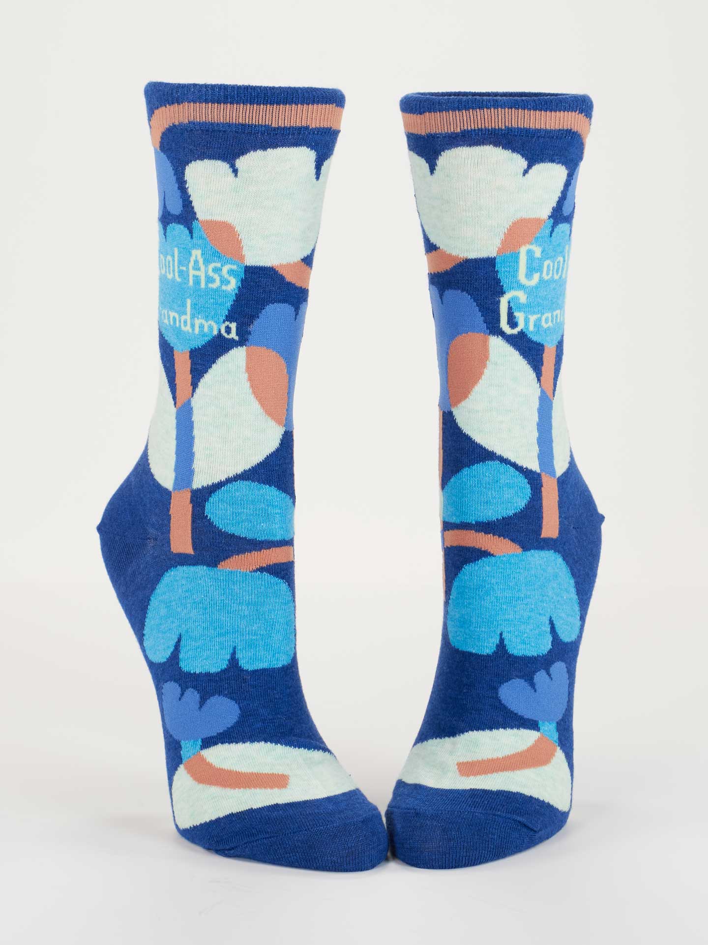 Blue socks with floral pattern and text on a white background