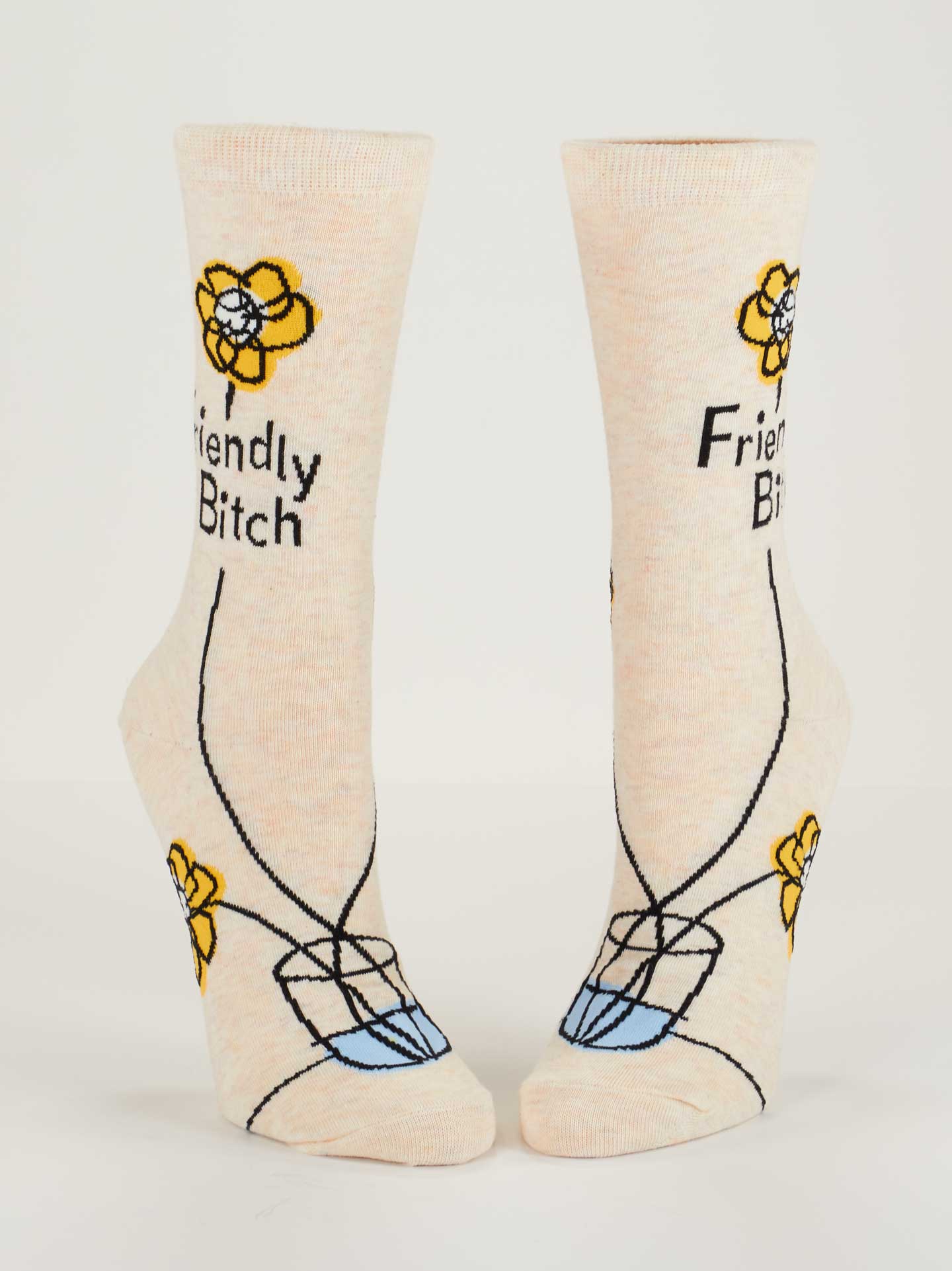 Front view a pair of Friendly bitch socks on a white bacground