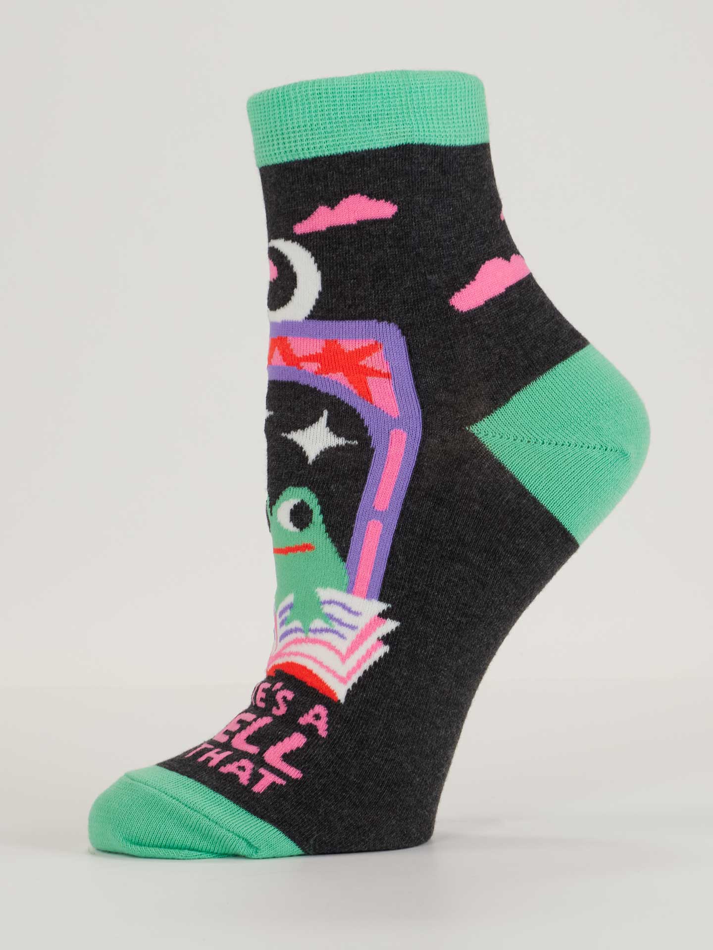 Sock with colorful design and text on a white background