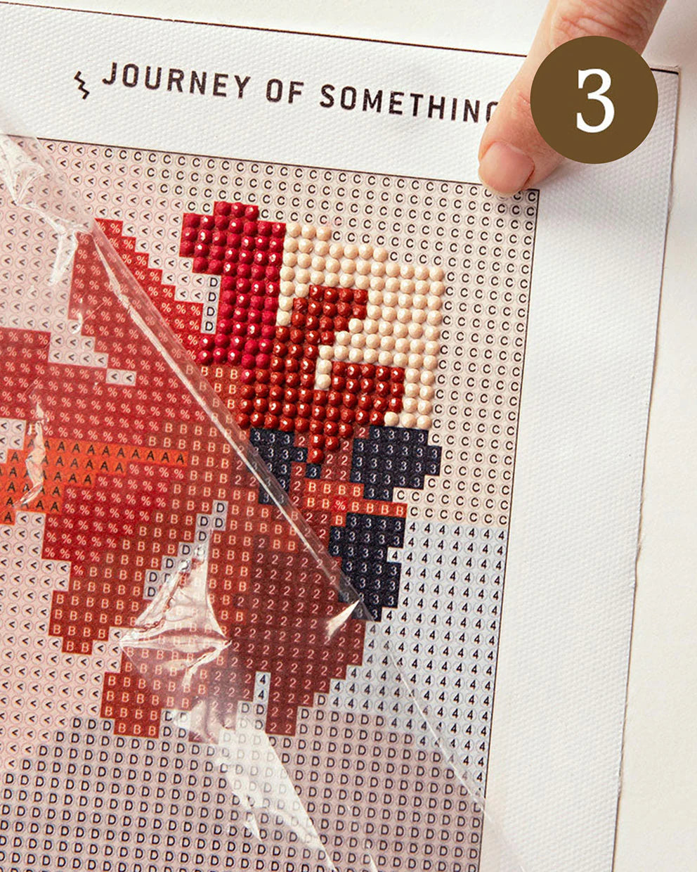 Cross-beading project with red, black, and blue pattern on a white background with 'Journey of Something' text.