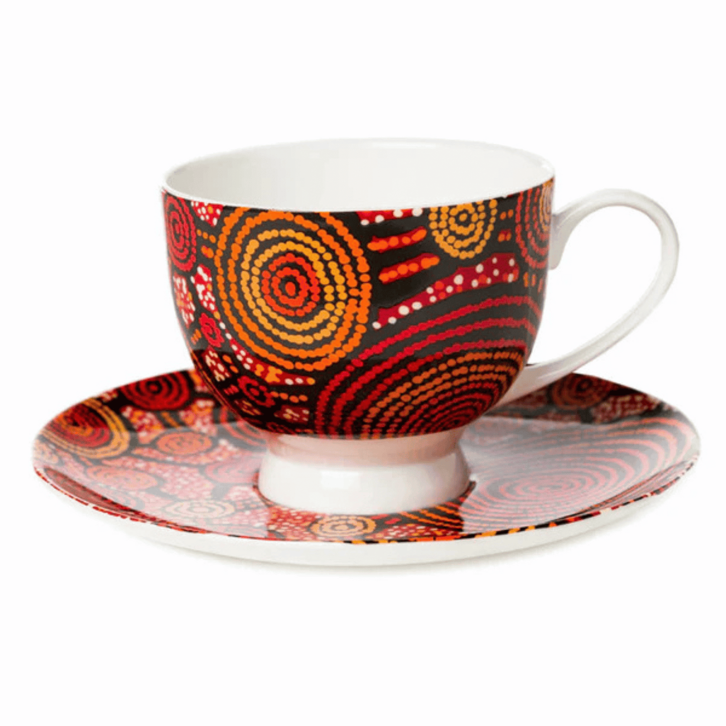 Tea cup and saucer set by Aboriginal artist /Teddy Gibson. Sits on a white background.