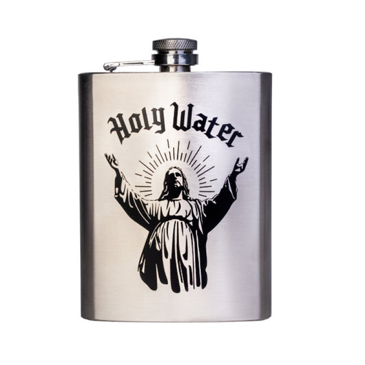 Stainless steel flask with 'Holy Water' text and Jesus design on a white background