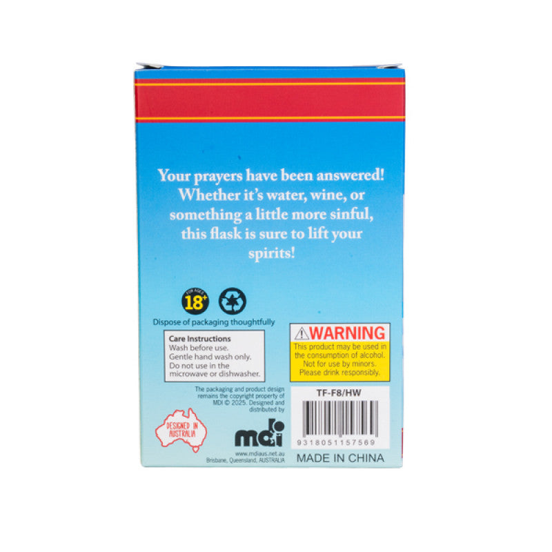Blue packaging with red border and text on a white background