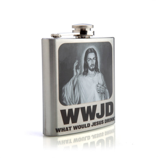 Stainless steel flask with a printed design of a religious figure and 'WWJD What Would Jesus Drink?' text on a white background.