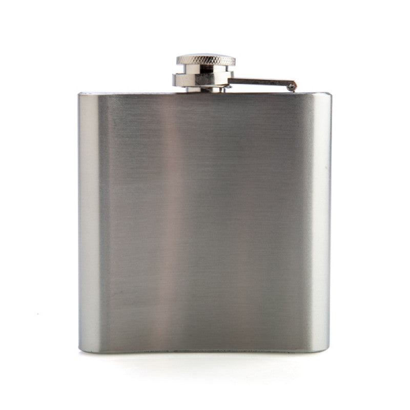 Stainless steel hip flask on a white background