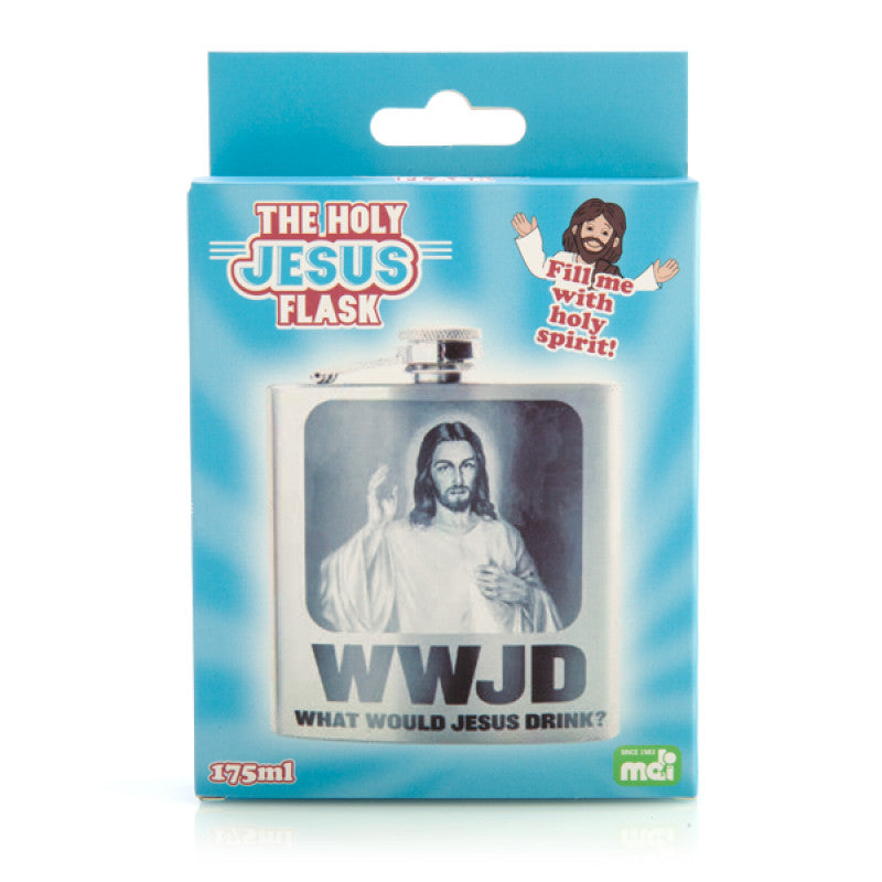 Flask packaging with Jesus image and humorous text on a blue background