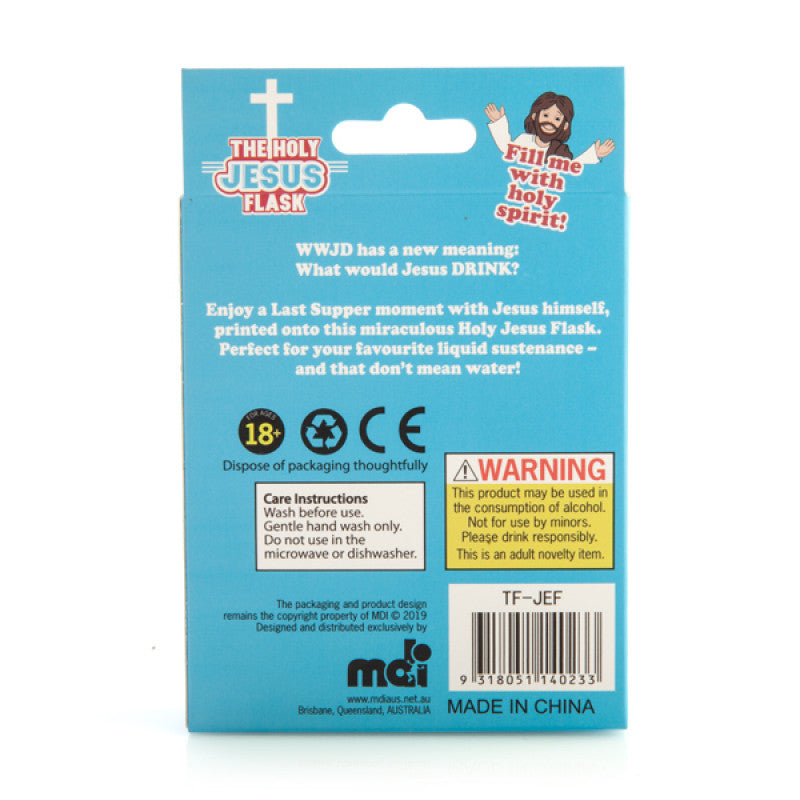 Back label of a Holy Jesus Flask packaging with text and branding.