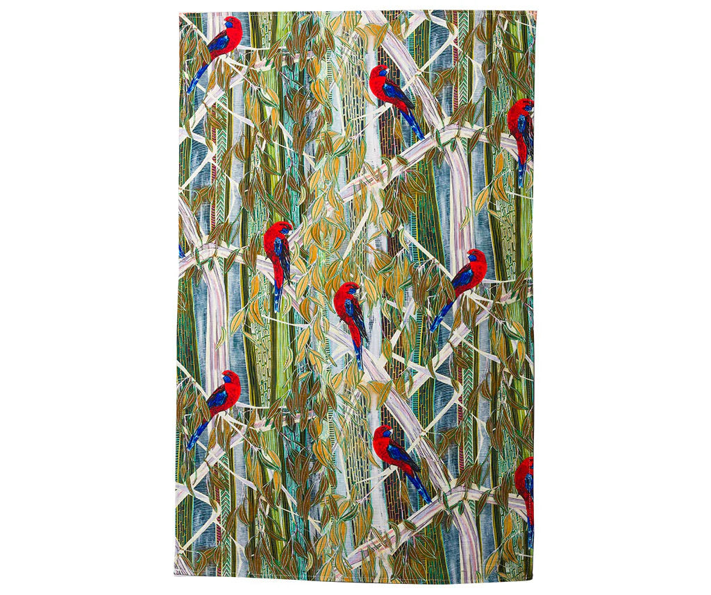 Patterned fabric with red Rosella birds on a branch design