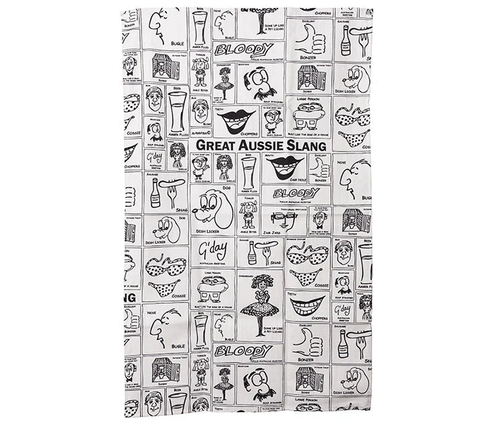 Great Aussie Slang tea towel, in black and white comic strip style.Pictures of Aussie slang terms and translation.