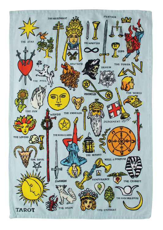 Tea towel with tarot card symbols and names on a light blue background