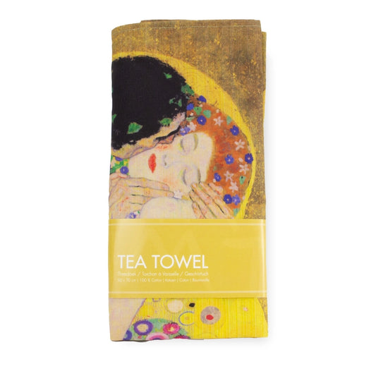 Tea towel with artistic design and 'TEA TOWEL' text on a white background