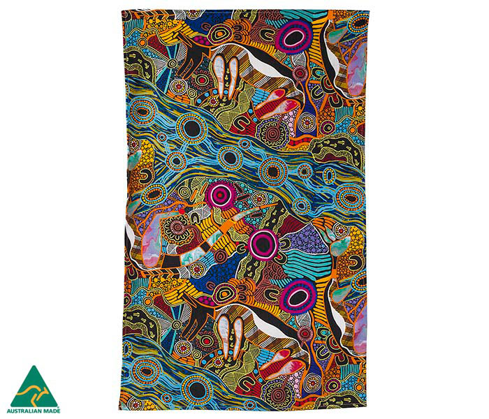 Teatowel- Australian indigenous art by Justin Butler and a made in Australia symbol in the lower left corner