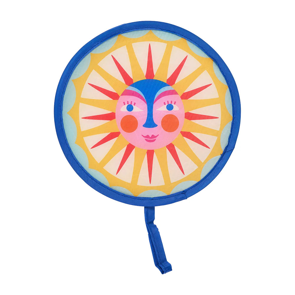 Circular fan with a sun design on a white background