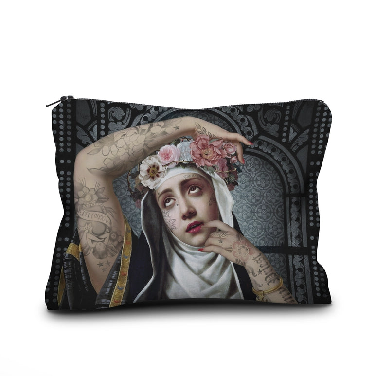 Voglio Bene Velveteen Pouch- Sainte Rita looking up to the heavens with body tattoos and floral headband. The cathedral background is black 17x23cm
