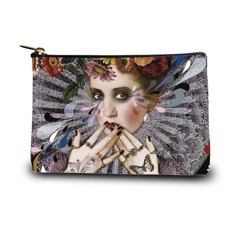 Front view of the Voglio Bene designer coin purse. An Elizabethan style figure holds her bejewelled fingers over her mouth, as if to hold back her words.