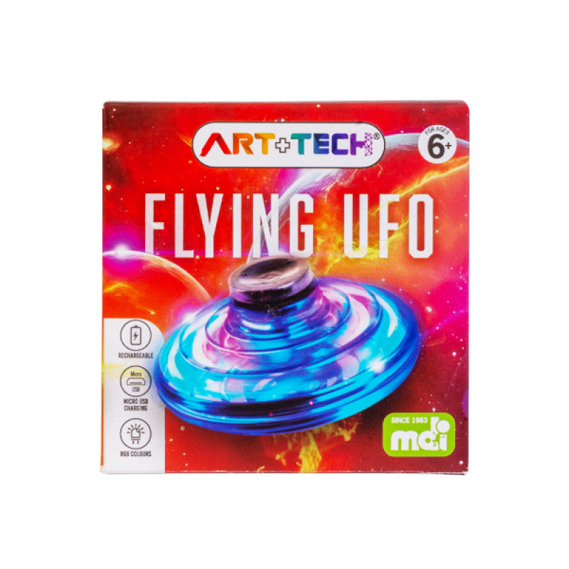 Box of Art Tech Flying UFO toy with colorful design and brand logo.
