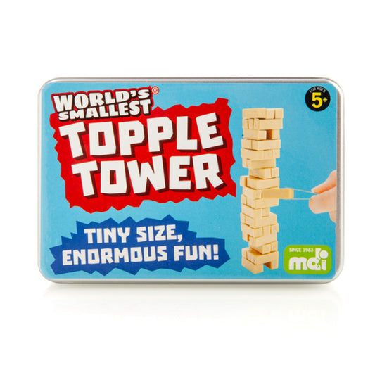World's Smallest Topple Tower packaging with wooden blocks and a hand, on a white background.