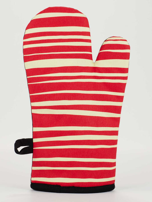 Red and white striped oven mitt on a light gray background