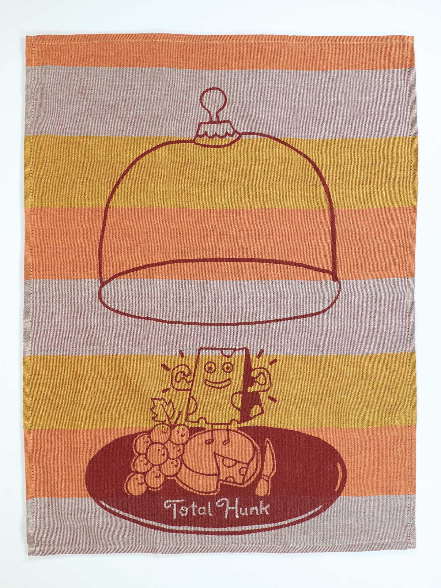 Striped towel with cartoon character and text on a white background