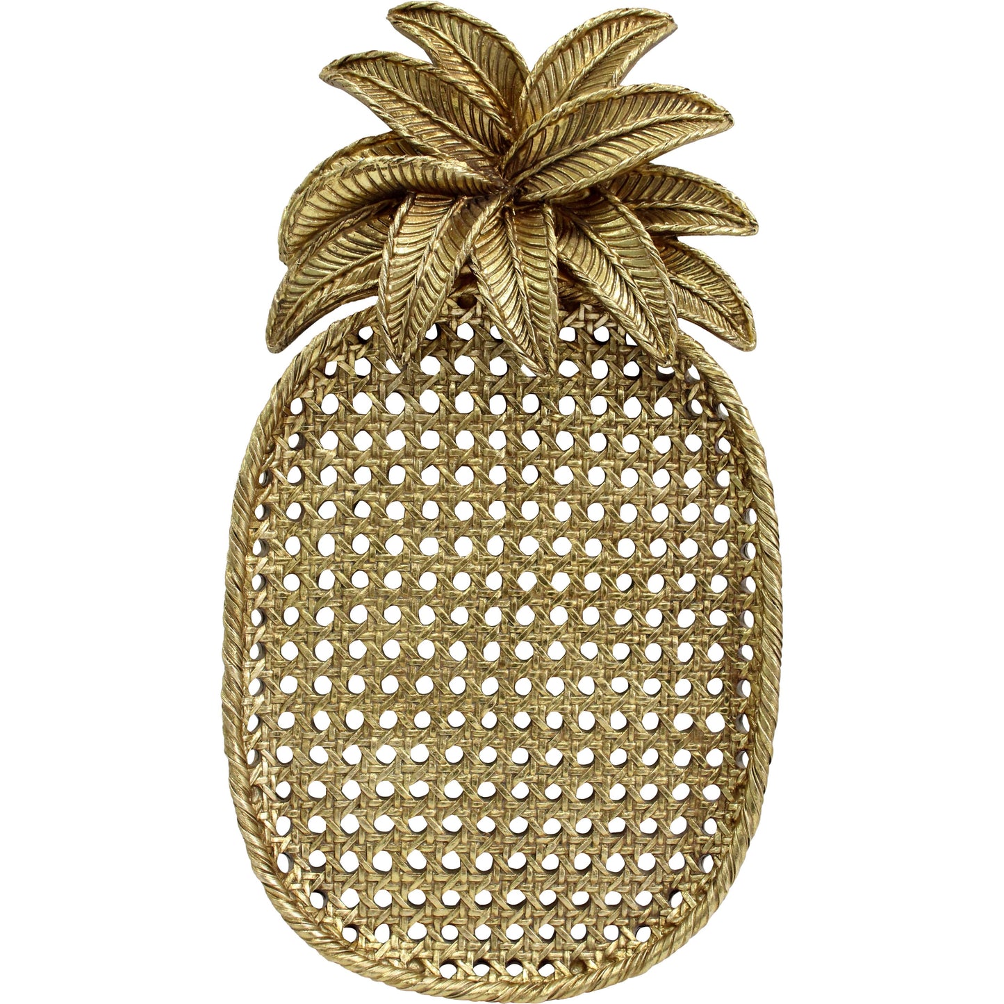 Gold pineapple-shaped decorative serving tray on a white background
