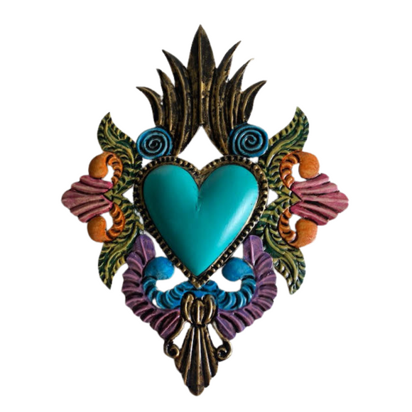 Mexican wall hanging- Tin heart turquoise qith gold detail (28cmx21cm)