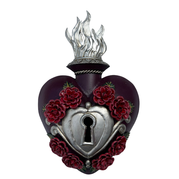 Mexican wall hanging- Tin heart with lock and flowers (26x16cm)