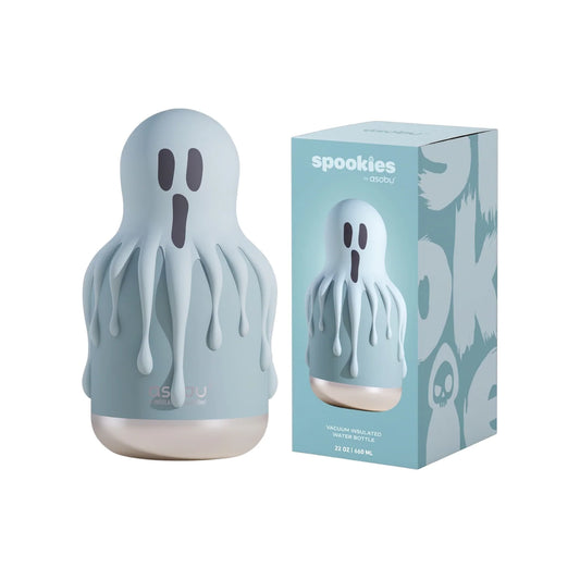 Ghost shaped drink bottle alongside a box featuring the bottle and text that reads: Spookies