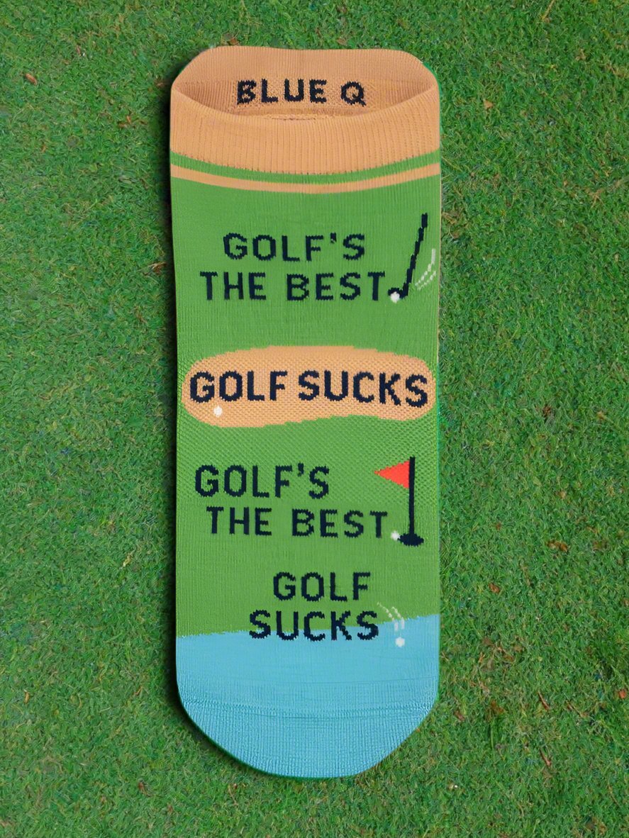 Green BLUE Q Sneaker socks - Golf sucks L/XL placed on a green grass background - Gizmo Gifts