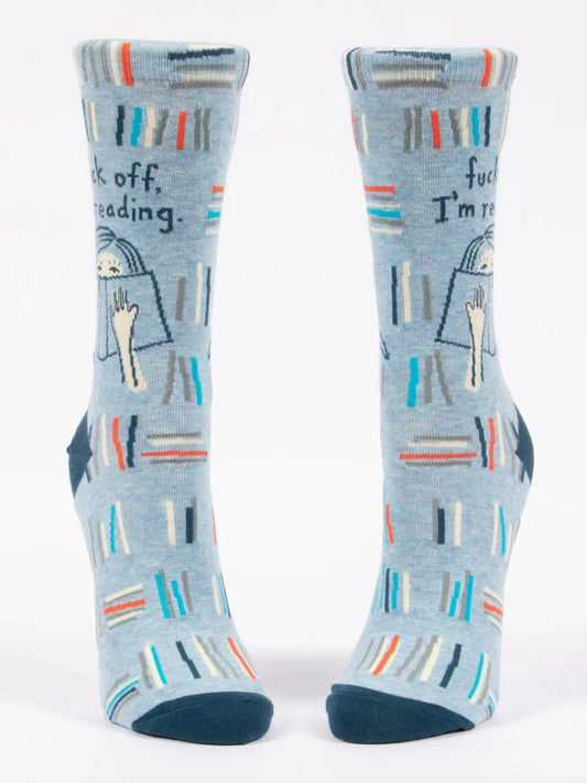 A front view of blue BLUE Q women's crew socks - F**k off, I'm reading , on a white background |Gizmo Gifts