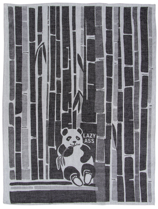 BLUEQ Teatowel black and white print of panda sitting and eating in bamboo forest. The text reads: "Lazy ass" |Gizmo Gifts