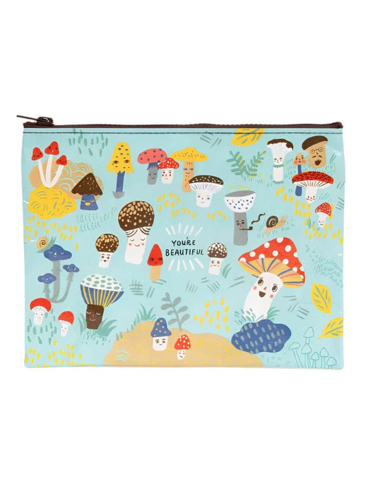 Blue Q Zipper pouch - Featuring many Cute Lil Mushrooms - Caption reads: You're beautiful