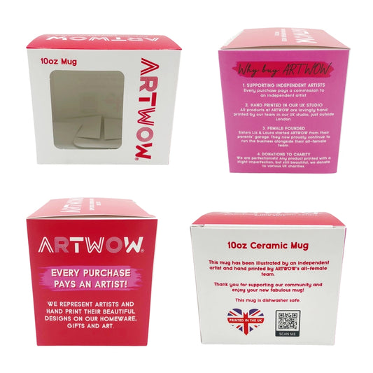 Two white and two pink Art Wow packaging boxes on a white bacground.