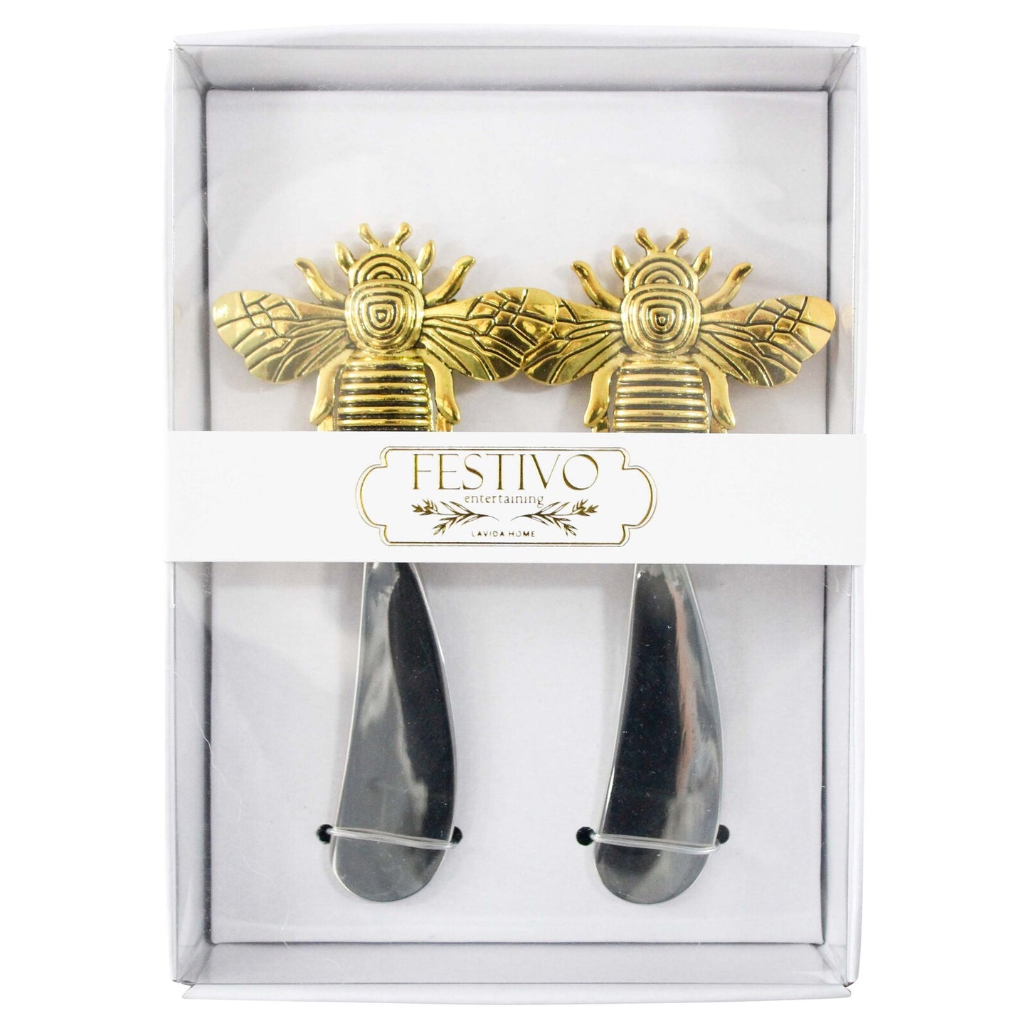 Gold bee-shaped cutlery set in a white box with 'Festivo' branding.