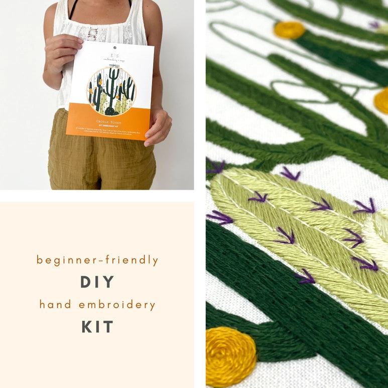 Woman holding the Package of the DIY Embroidery kit of the cactus Bloom design